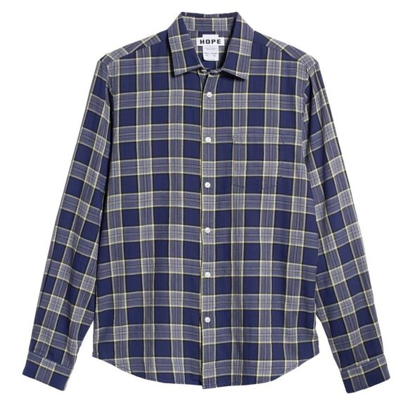 HOPE BNWT Mens Shirt Long Sleeve Blue Plaid - Picture 2 of 11